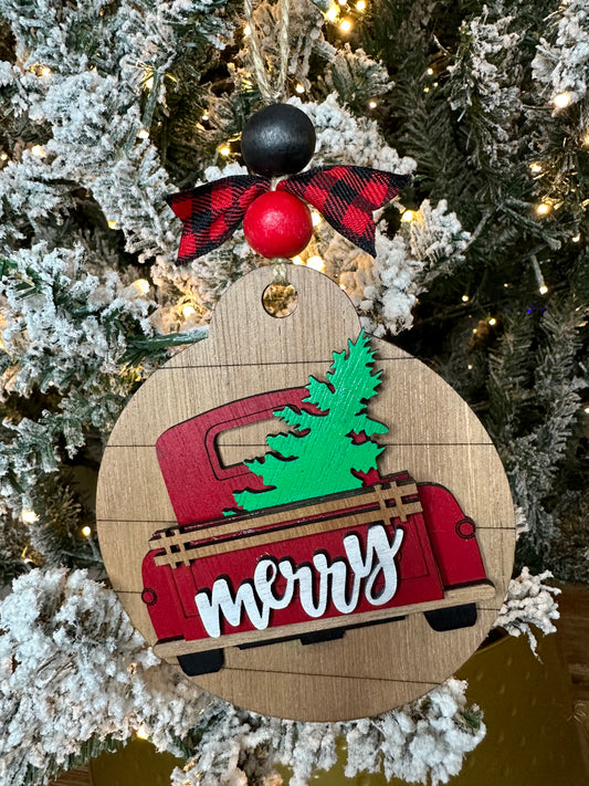 Wooden Ornament with adorable 3D Vintage Truck with Christmas Tree
