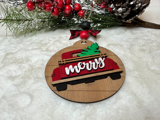 Wooden Ornament with adorable 3D Vintage Truck with Christmas Tree